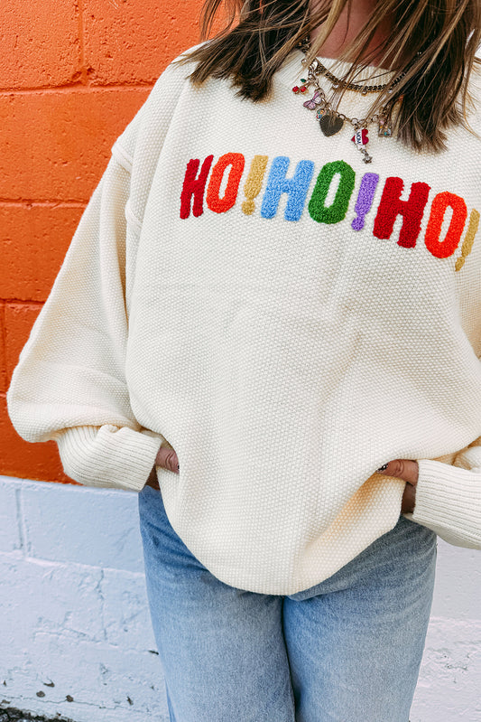 White HOHOHO MERRY CHRISTMAS Chenille Letter Graphic Holiday Sweater