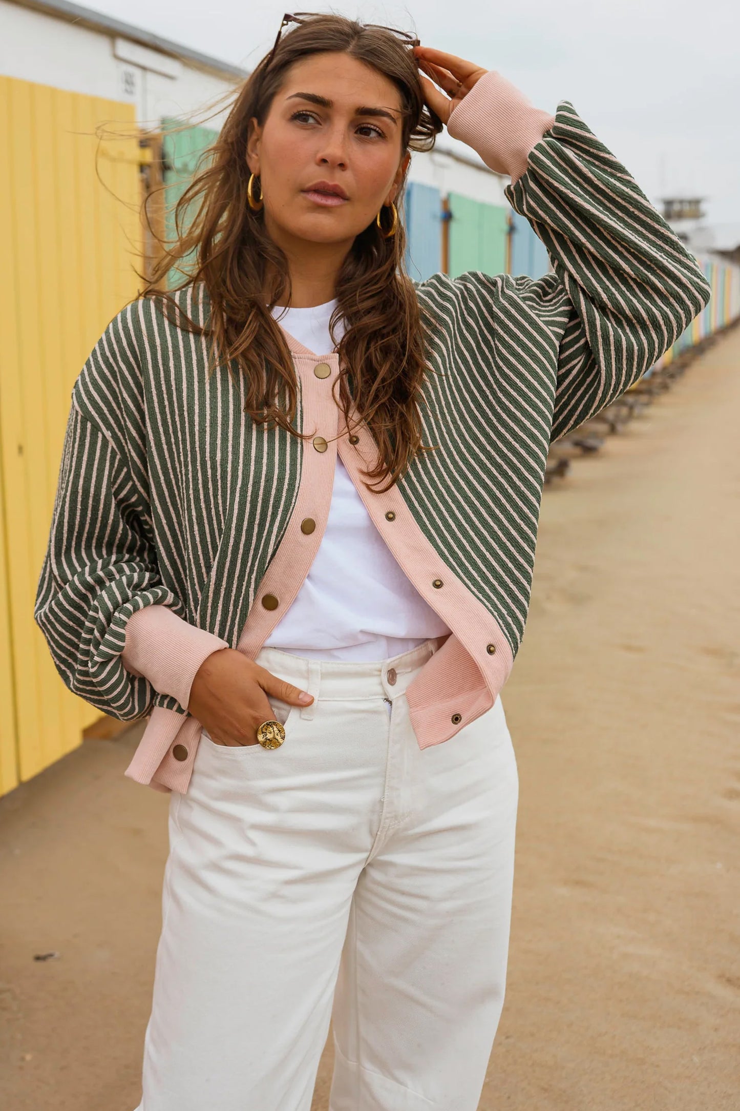Green Stripe Striped V Neck Patchwork Long Sleeve Regular Fit Cardigan