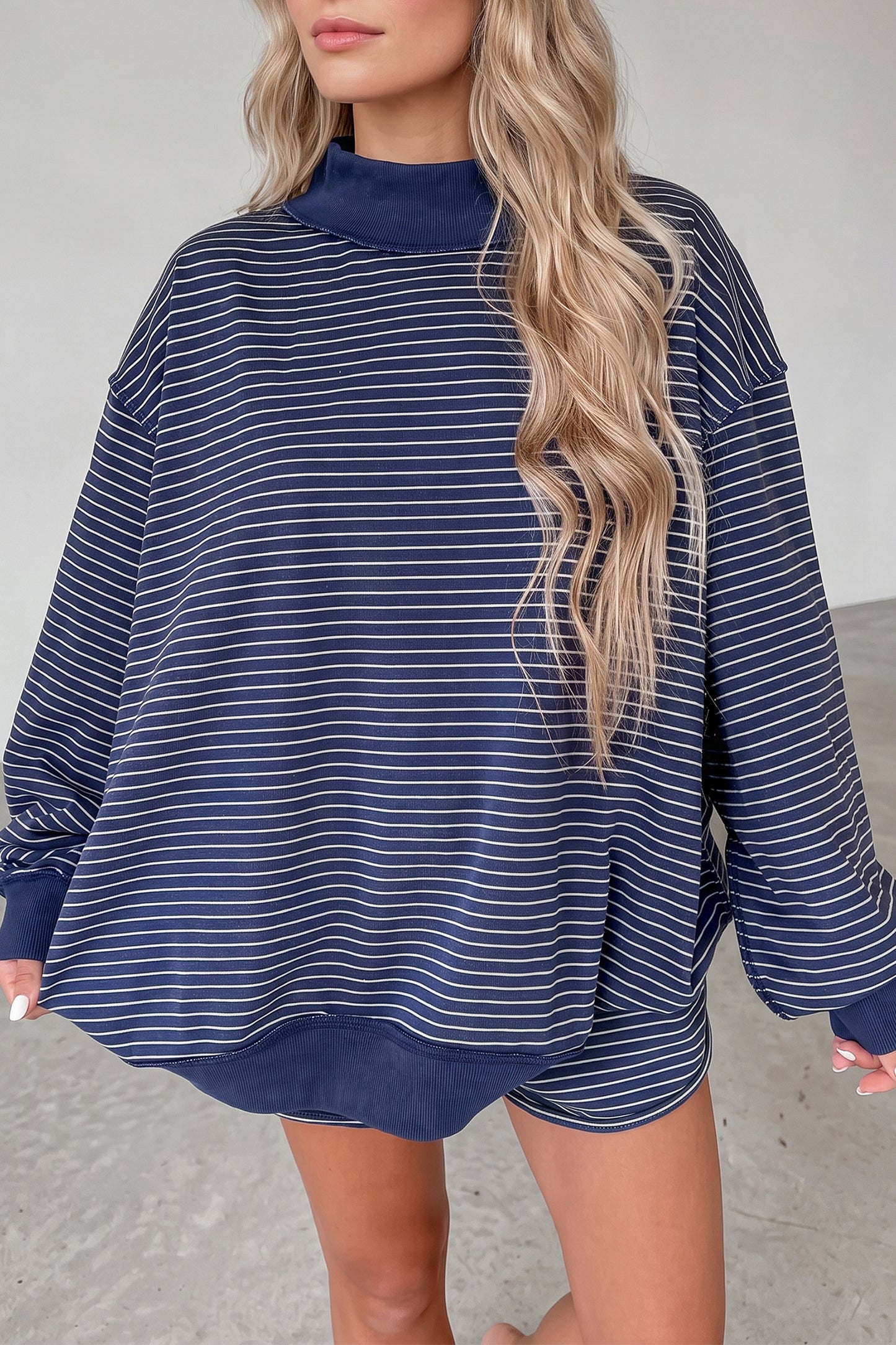 Blue Stripe Ribbed Patchwork Mock Neck Baggy Pullover Matching Shorts Set