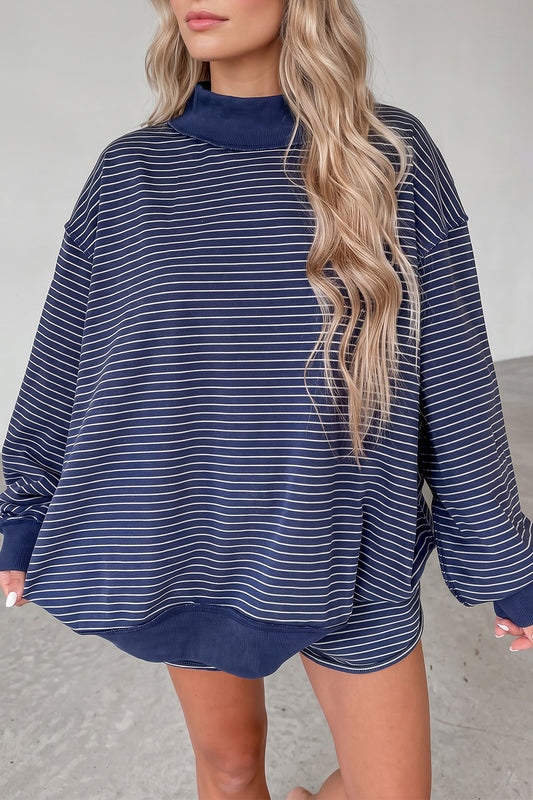 Blue Stripe Ribbed Patchwork Mock Neck Baggy Pullover Matching Shorts Set