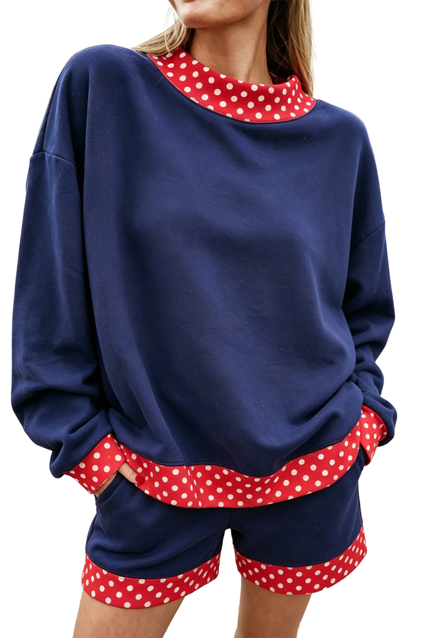 Fiery Red Gingham Trim Baggy Pullover 2pcs Short Set
