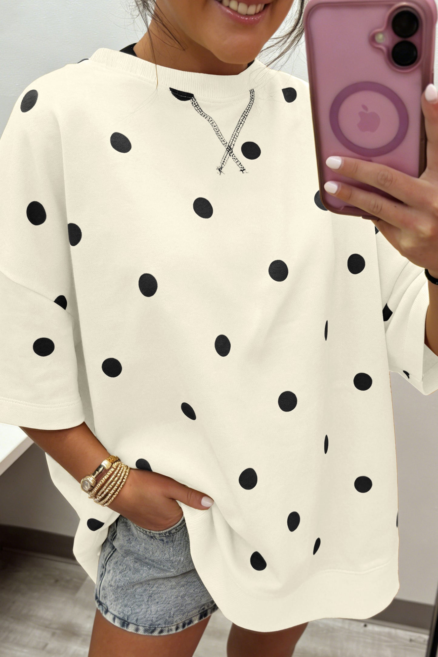 Beige Polka Dot Print Crossed Seam Detail Oversize Tee