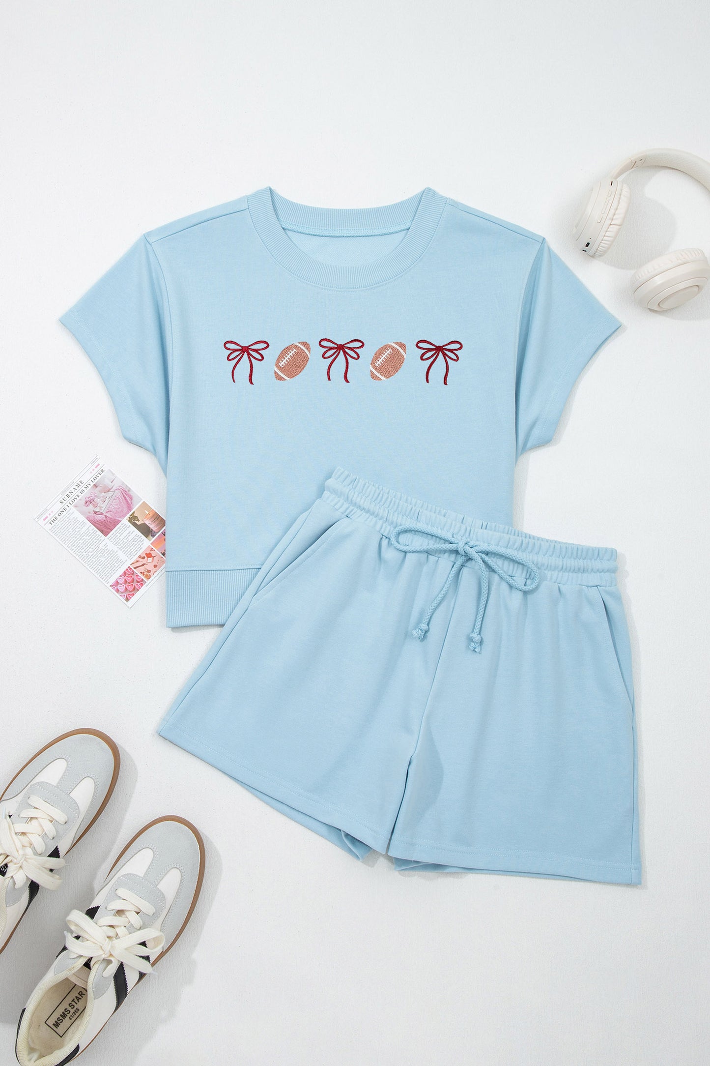 Mist Blue Embroidered Rugby Bow Graphic Relaxed Tee and Shorts Set