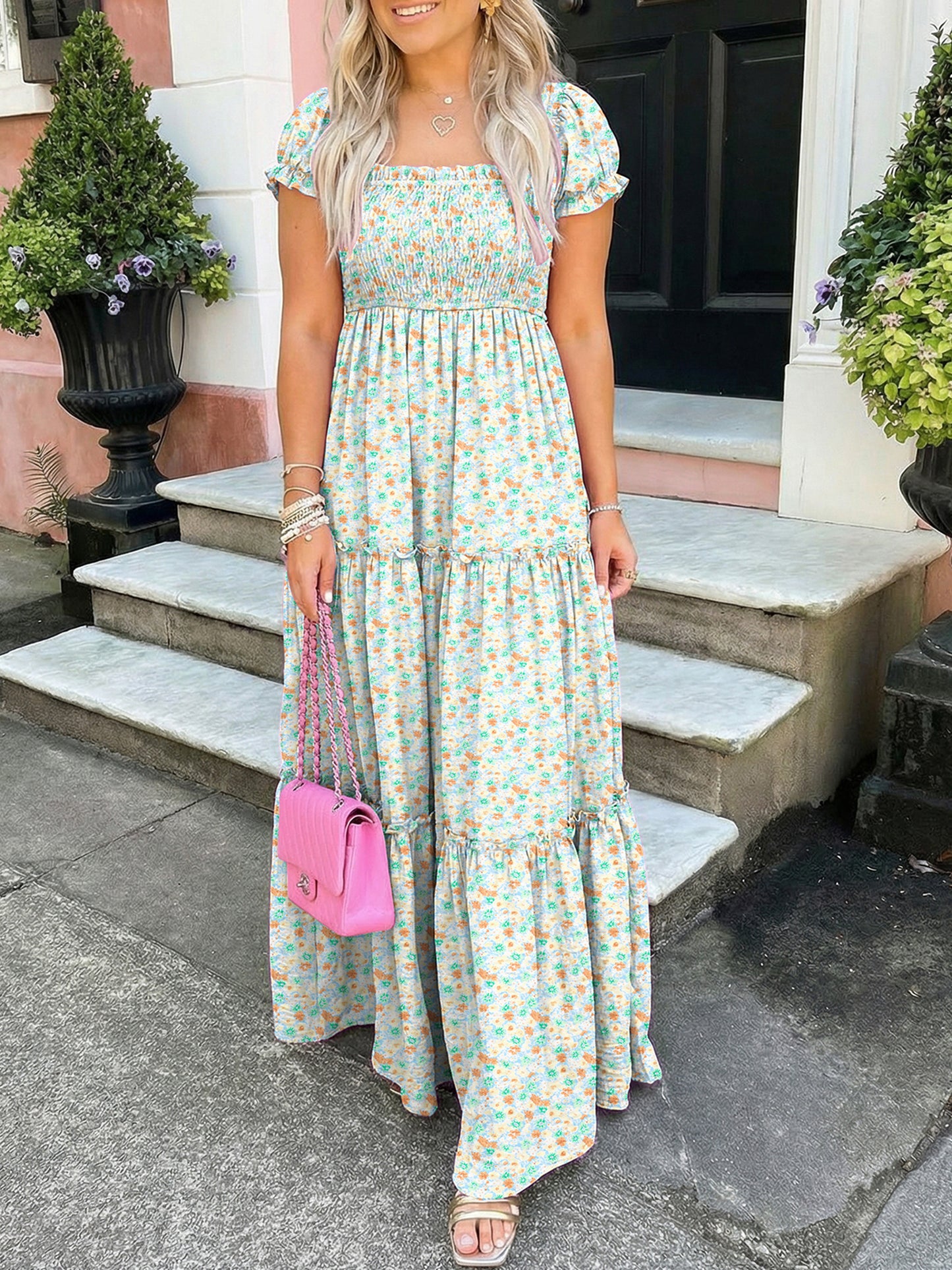 Green Floral Short Bubble Sleeve Shirred High Waist Maxi Dress