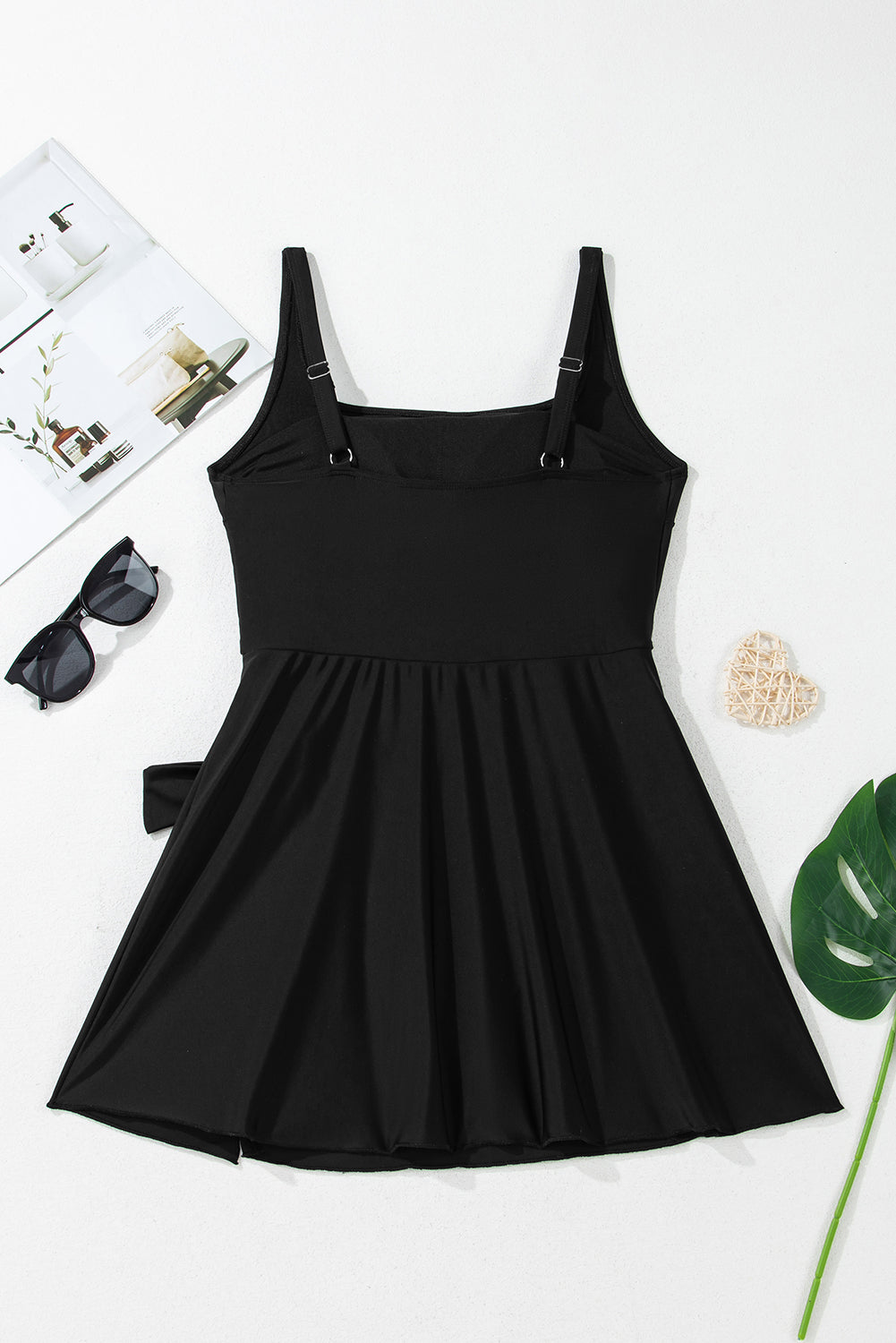 Black Side Tied Waist Square Neck Adjustable Straps A Line One Piece Swim Dress