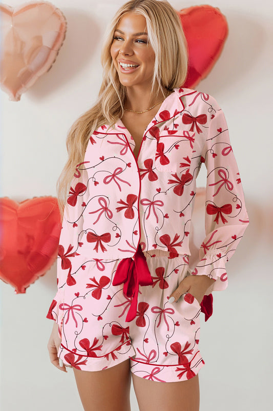 Red Bow Print Valentine Long Sleeve Shirt Shorts 2 Pcs Pajama Set