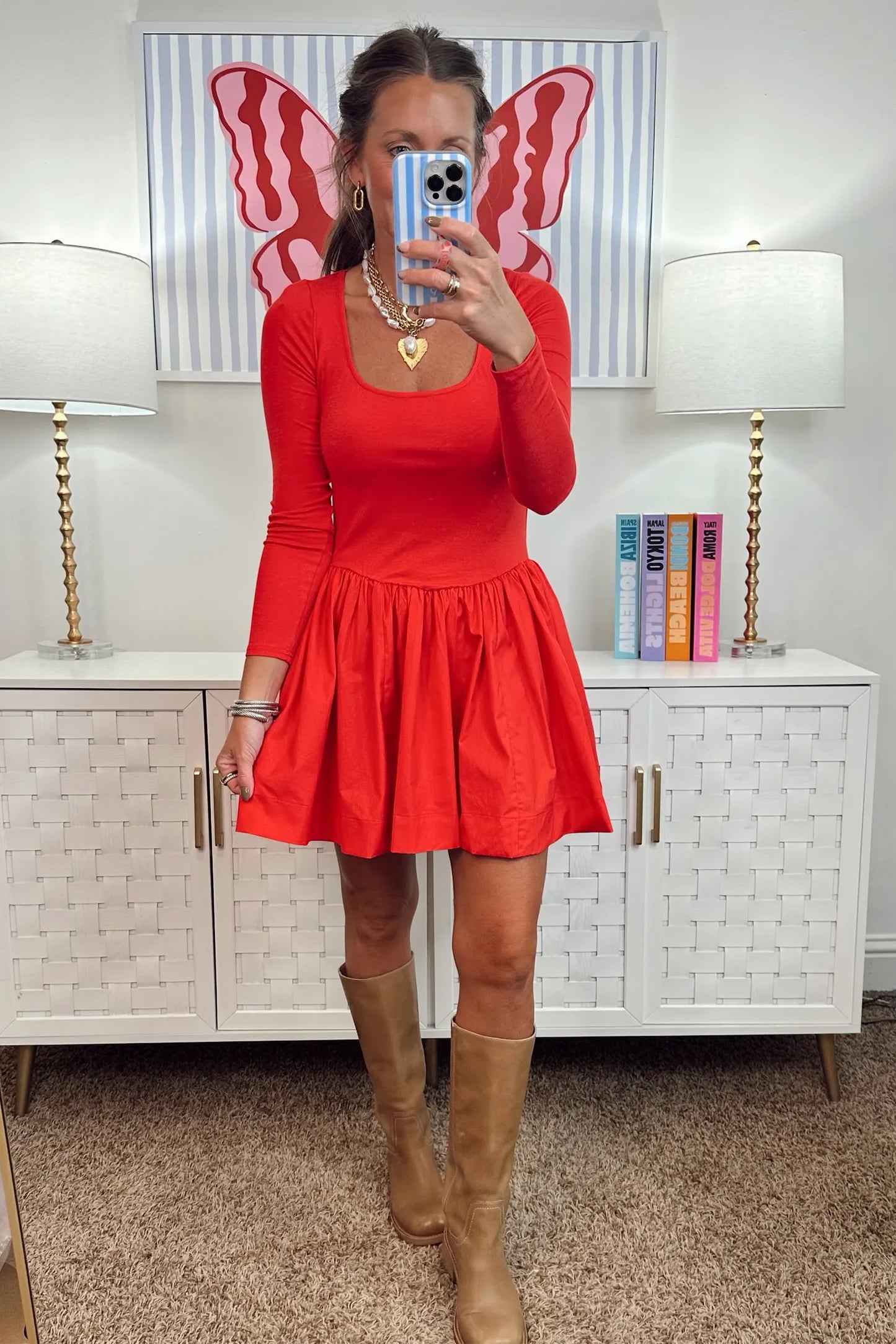 Fiery Red Solid U Neck Long Sleeve Fit and Flare Dress for Daily Wear