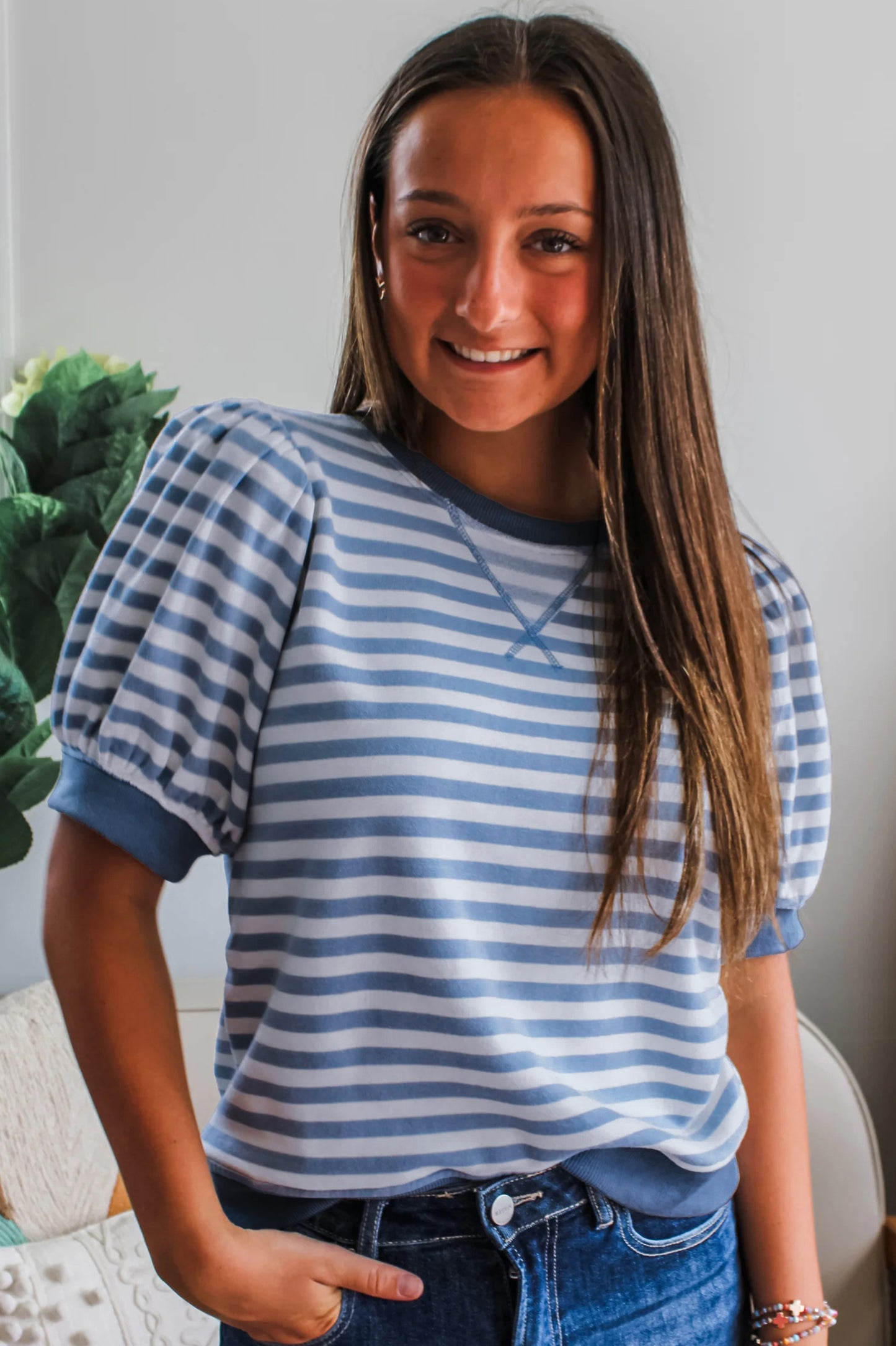 Sky Blue Stripe Short Bubble Sleeve T Shirt