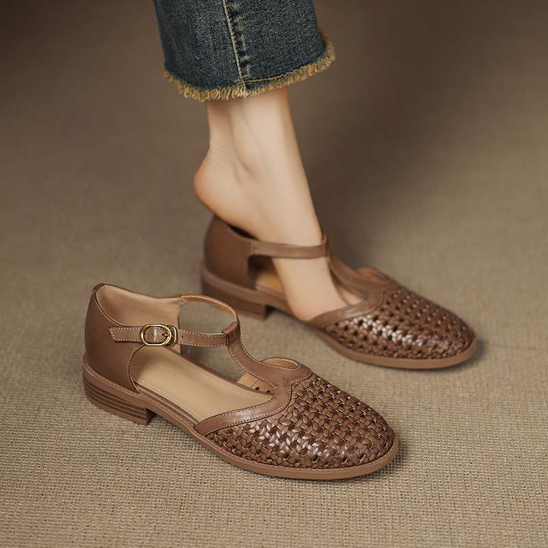 woven hollowed-out leather thick-heeled women's shoes