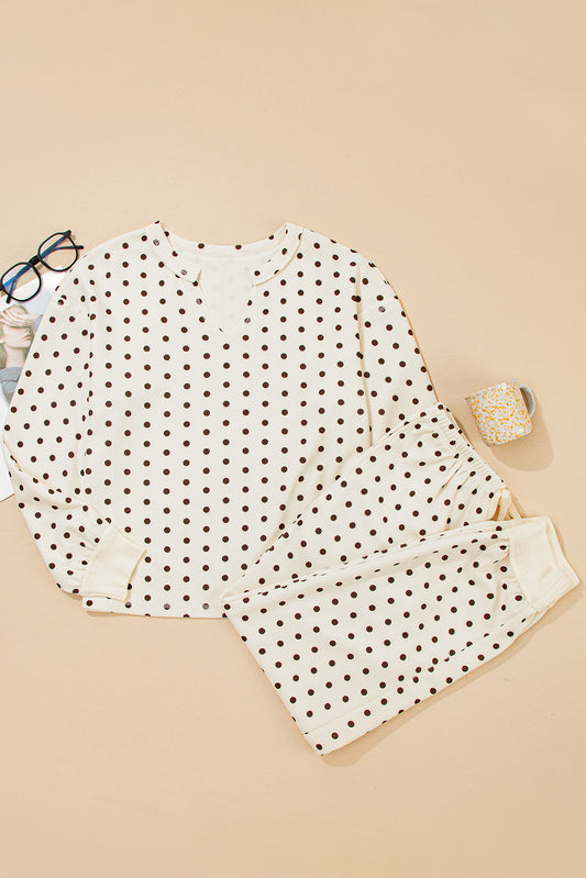 White Polka Dot Print Long Sleeve Top Drawstring Jogger Pants Lounge Set