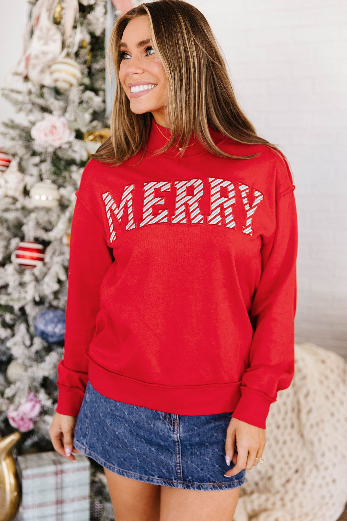 Fiery Red Embroidered Merry Slogan Stand Neck Long Sleeve Shift Sweatshirt