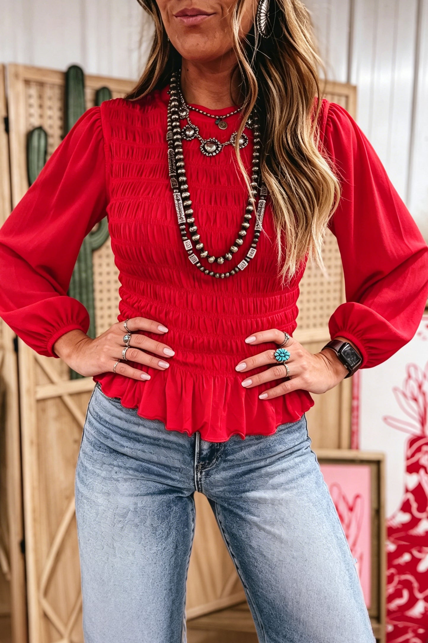 Racing Red Solid Color Smocked Ruffle Hem Long Sleeve Blouse