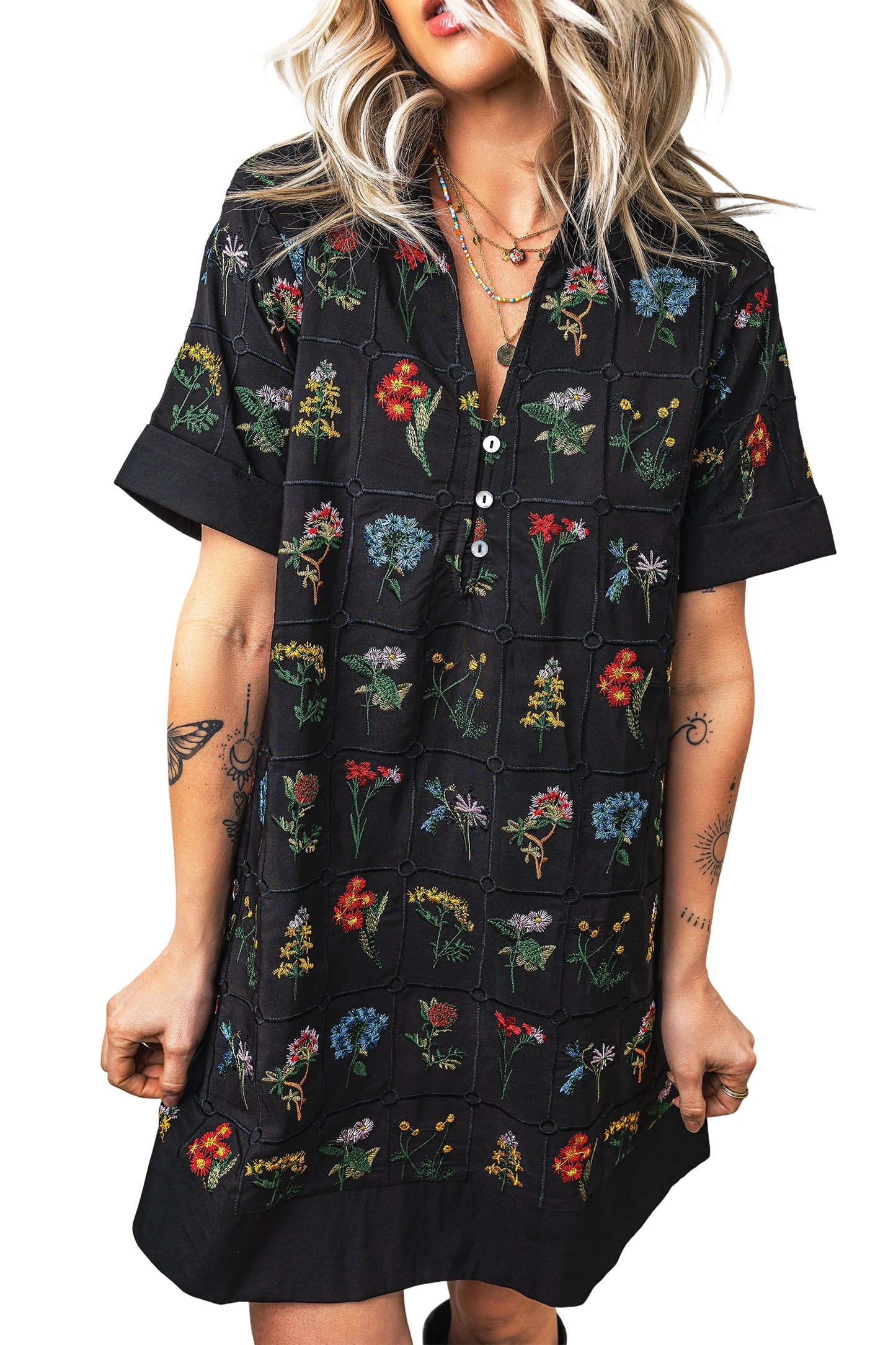 Black Floral Embroidered Shift Dress Short Sleeve Collar Vintage Mini Dress