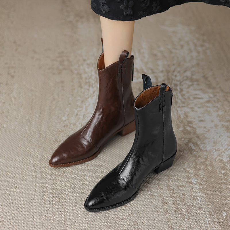 Pointed-toe Western cowboy boots, chunky-heeled stylish ankle boots