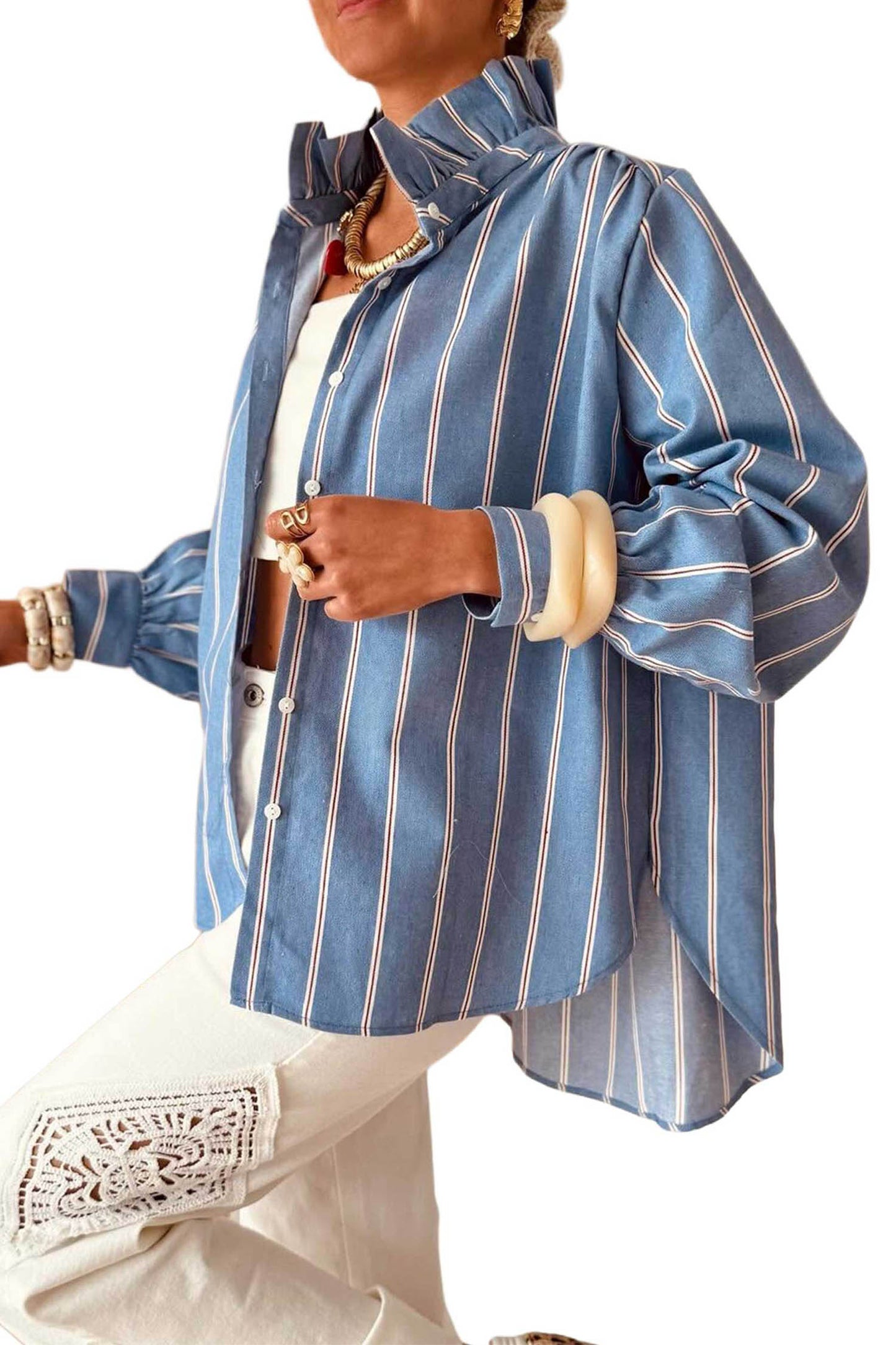 Sky Blue Stripe Ruffled Stand Neck Button Down Long Sleeve Chambray Shirt