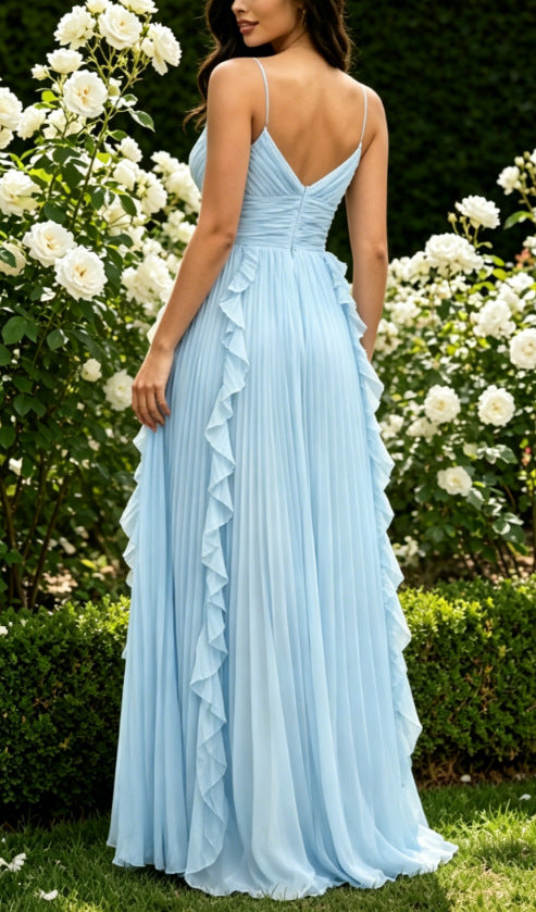 backless pleated chiffon long dress with ruffles