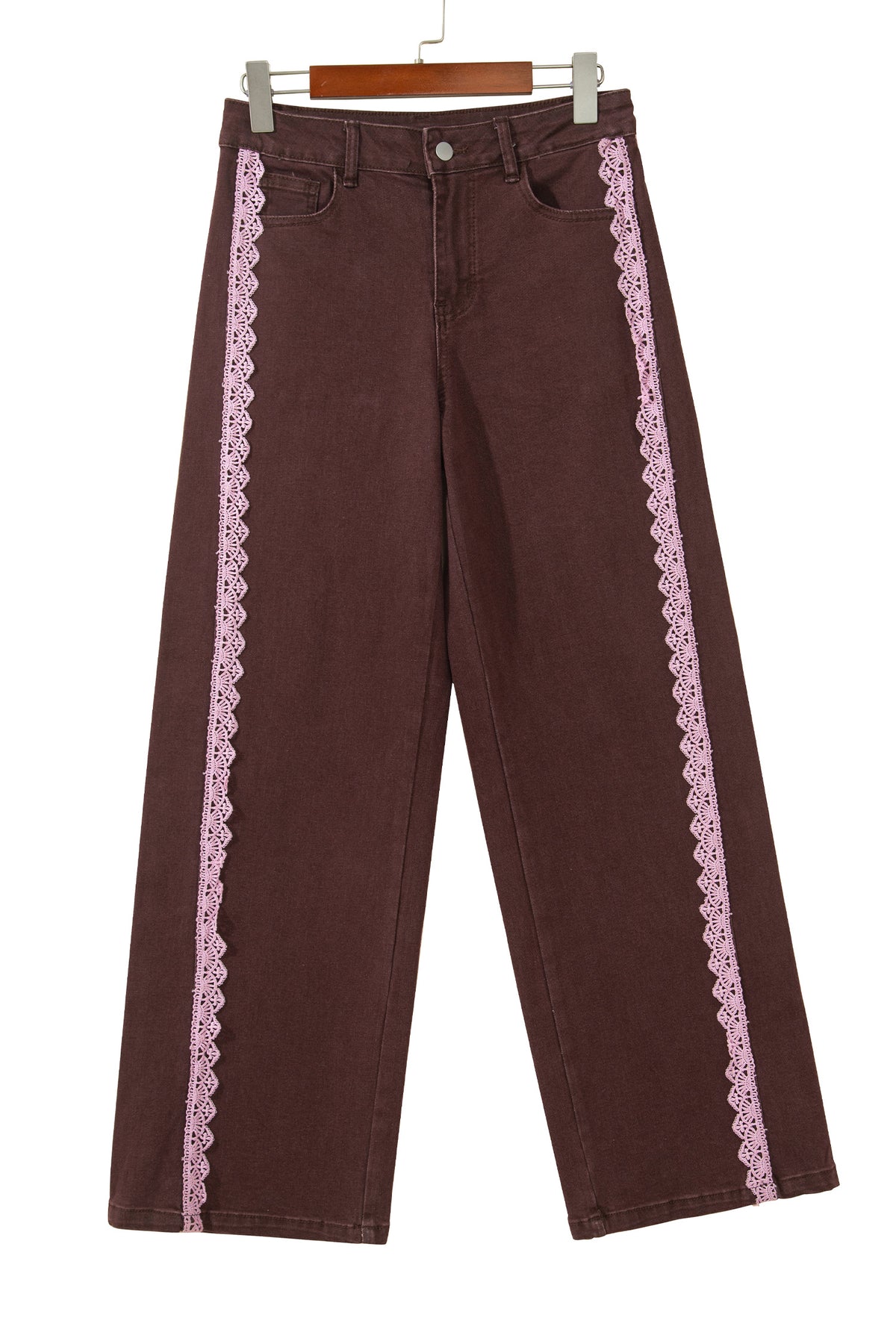 Coffee Lace Trim Casual Full-Length Regular Fit Jeans