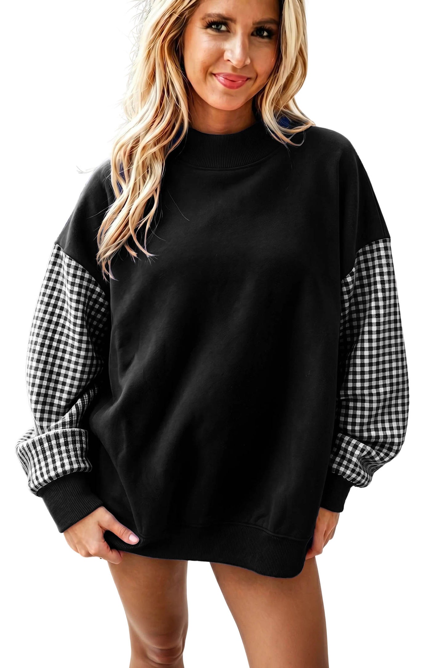 Pink Plaid Sleeve Colorblock Loose Tunic Sweatshirt