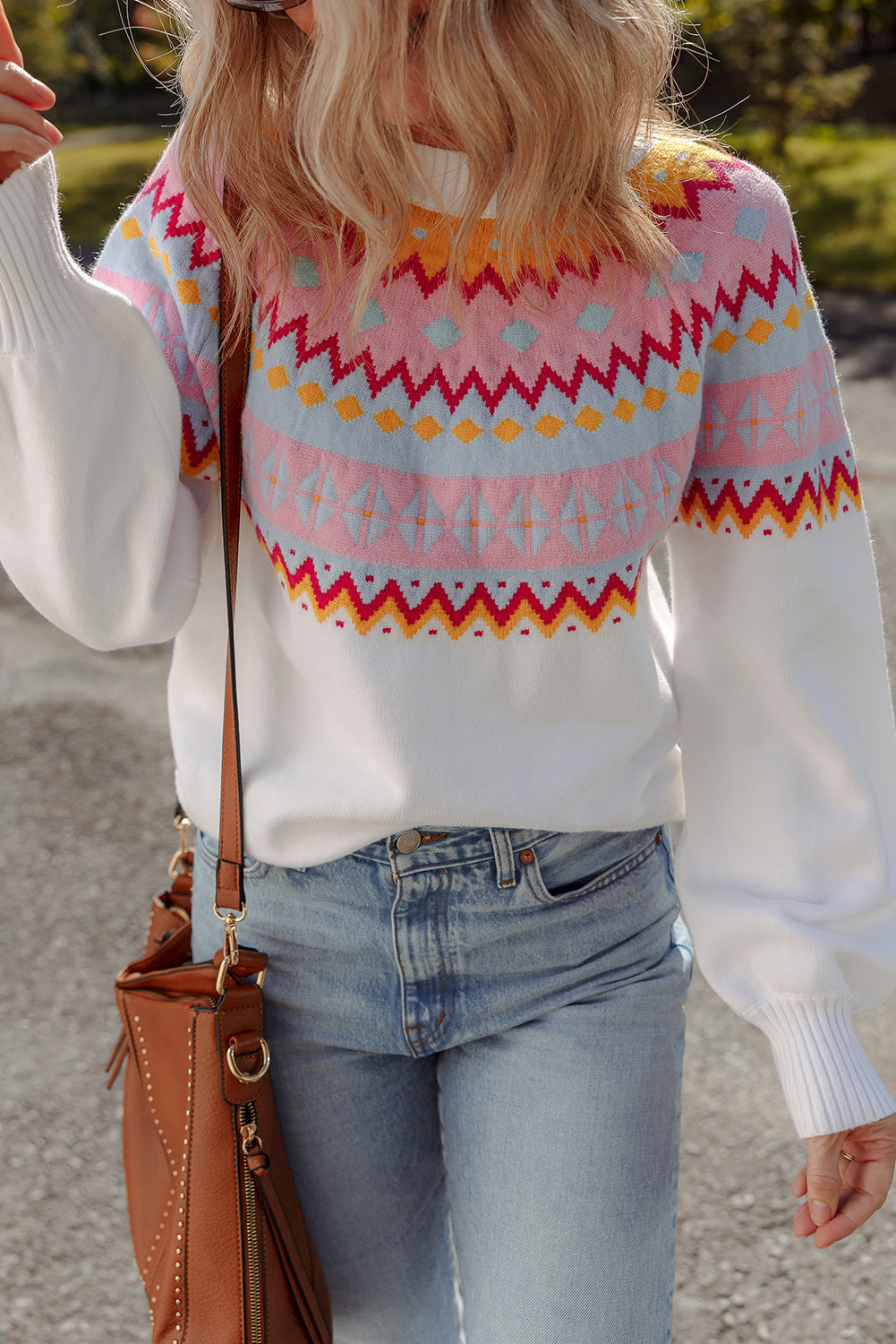 White fair isle Print Drop Shoulder Sweater