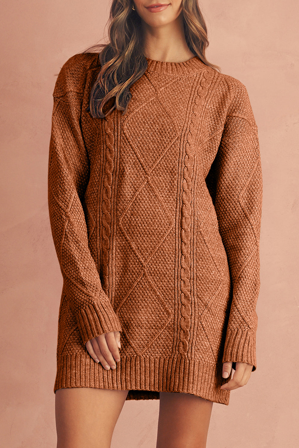 Burgundy Cable Knit Drop Shoulder Loose Fit Sweater Dress