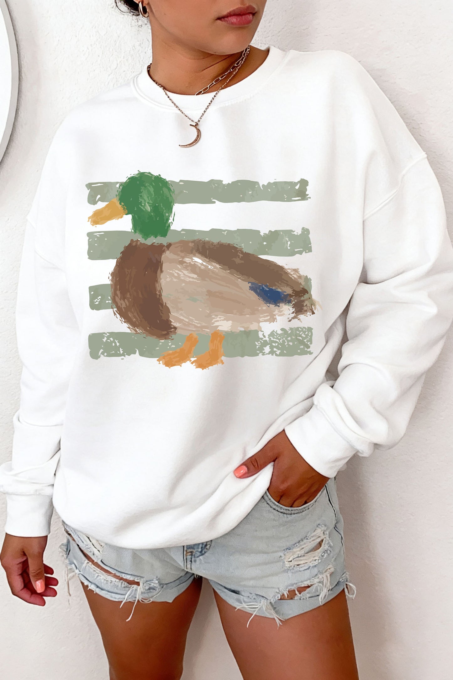 White Western Duck Graphic Casual Pullover Sweatshirt