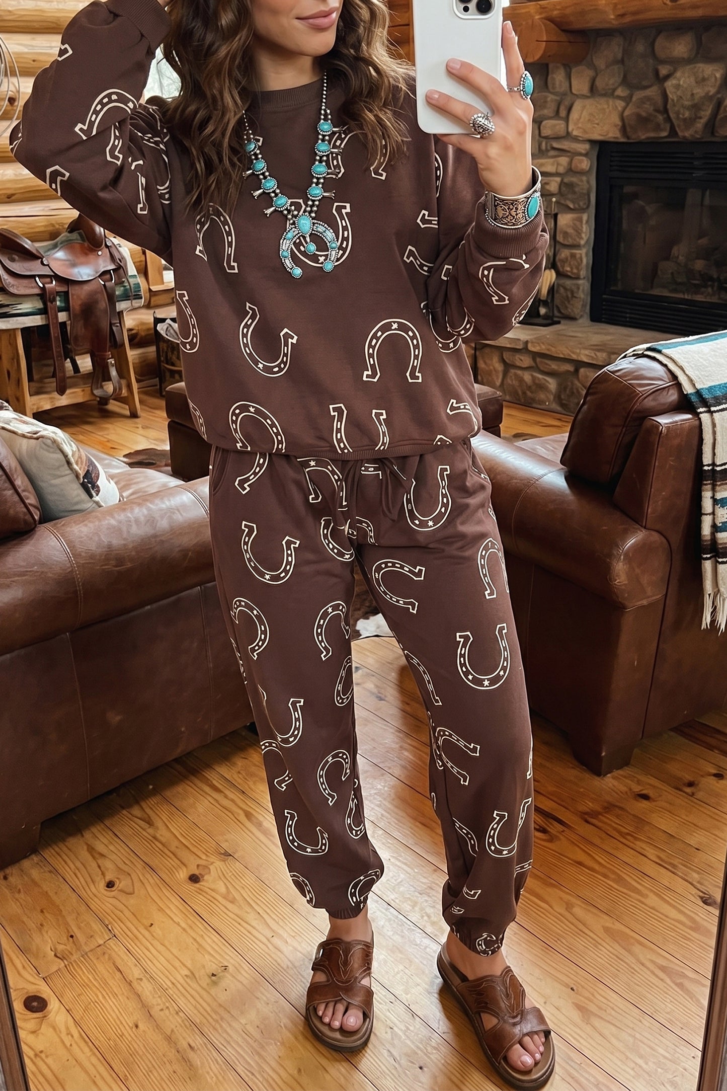 Blue Western Print Elastic Waist Pocket 2pcs Pant Set