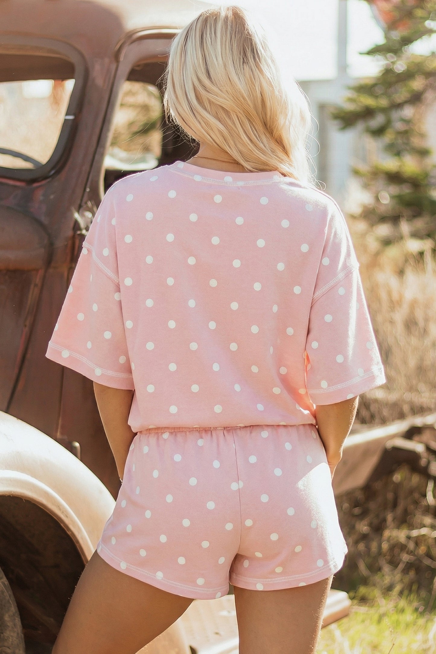 Pink Exposed Seam Detail Polka Dot Loose Tee Drawstring Shorts Set