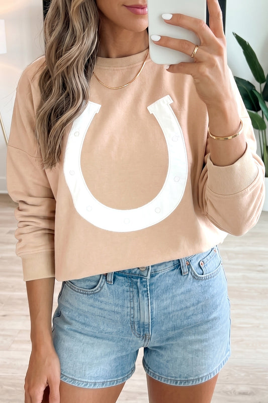Parchment Horse Shoe Embroidered Patch Western Pullover Sweatshirt