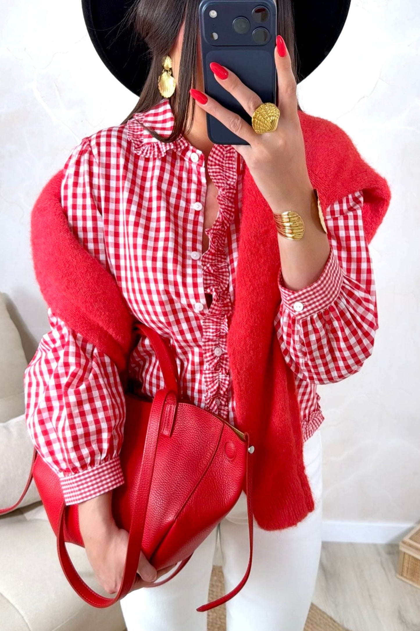 Red Plaid Frill Collar Long Sleeve Casual Shift Shirt