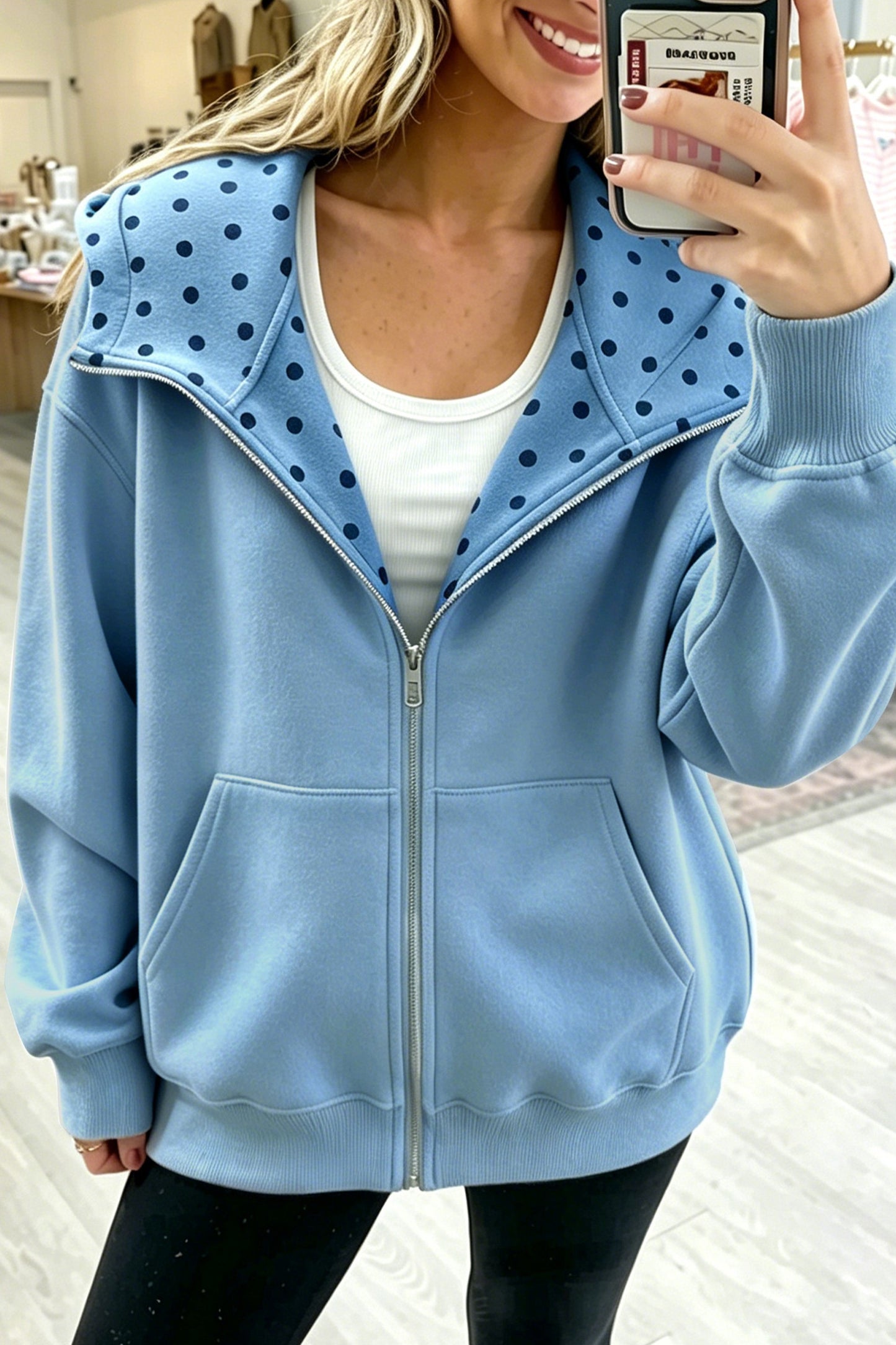 Beau Blue Polka Dot Hooded Zip-Up Sweatshirt
