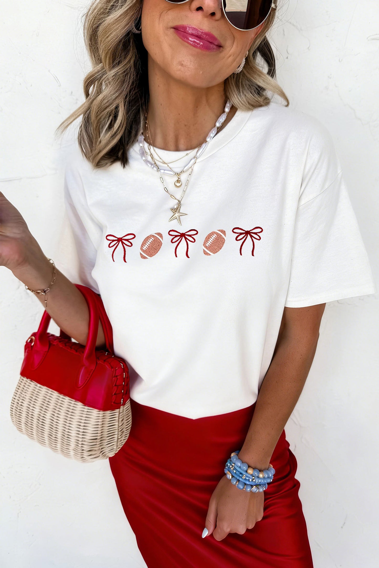 White Embroidered Football Bows Casual Round Neck T Shirt