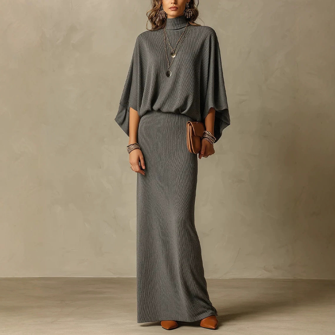 Solid-color bat wing jacket and form-fitting two-piece set