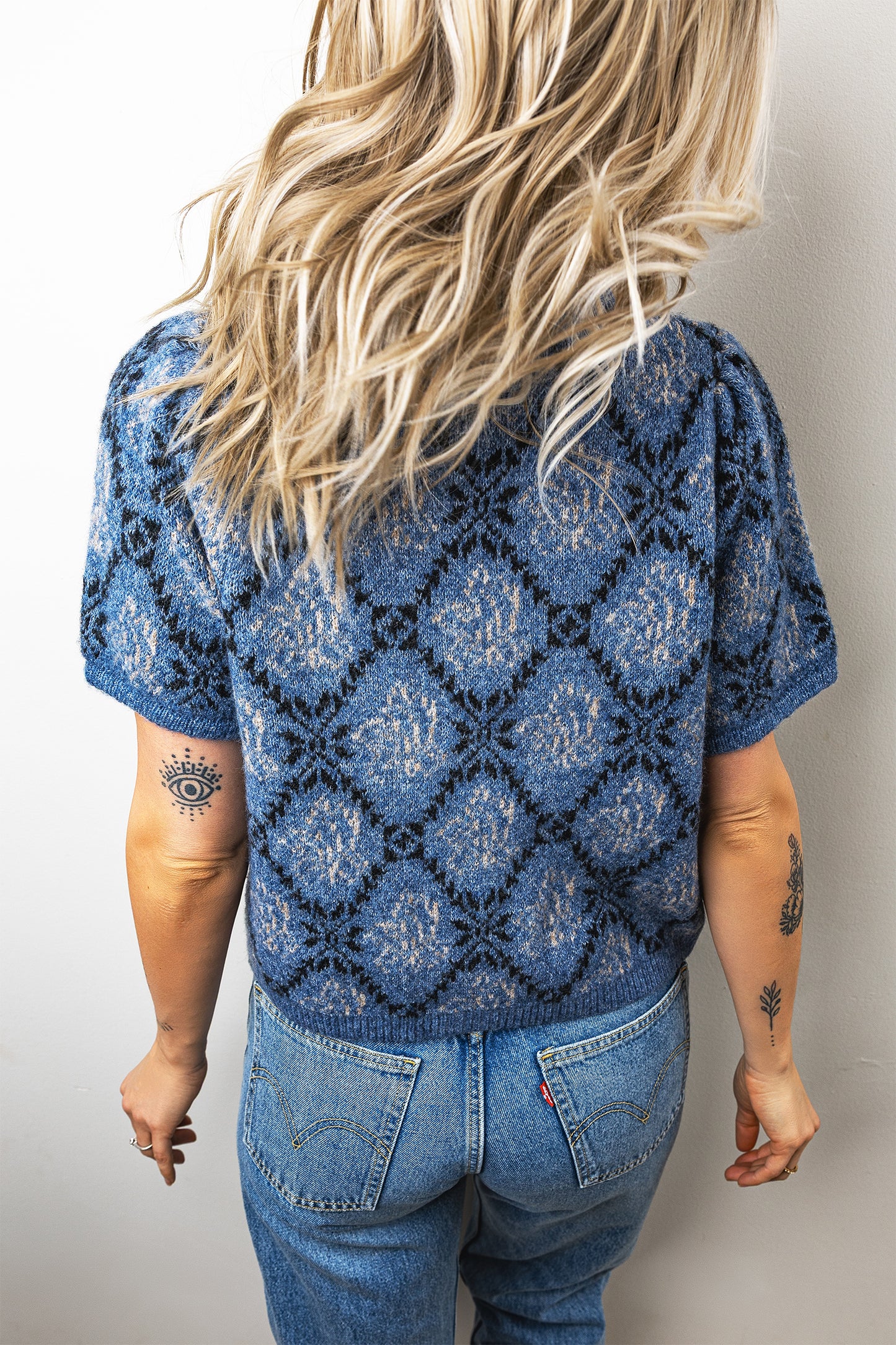 Dark Blue Ethnic Pattern Short Sleeve Button Front Knit Cardigan
