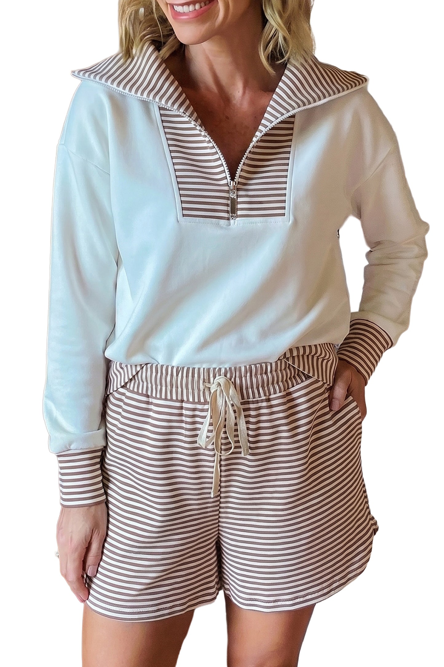 Khaki Stripe Color Block Patchwork Long Sleeve Top Drawstring Shorts Set