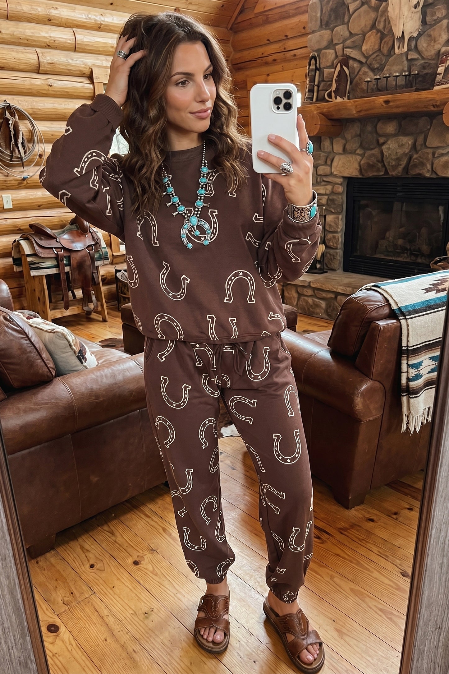 Blue Western Print Elastic Waist Pocket 2pcs Pant Set
