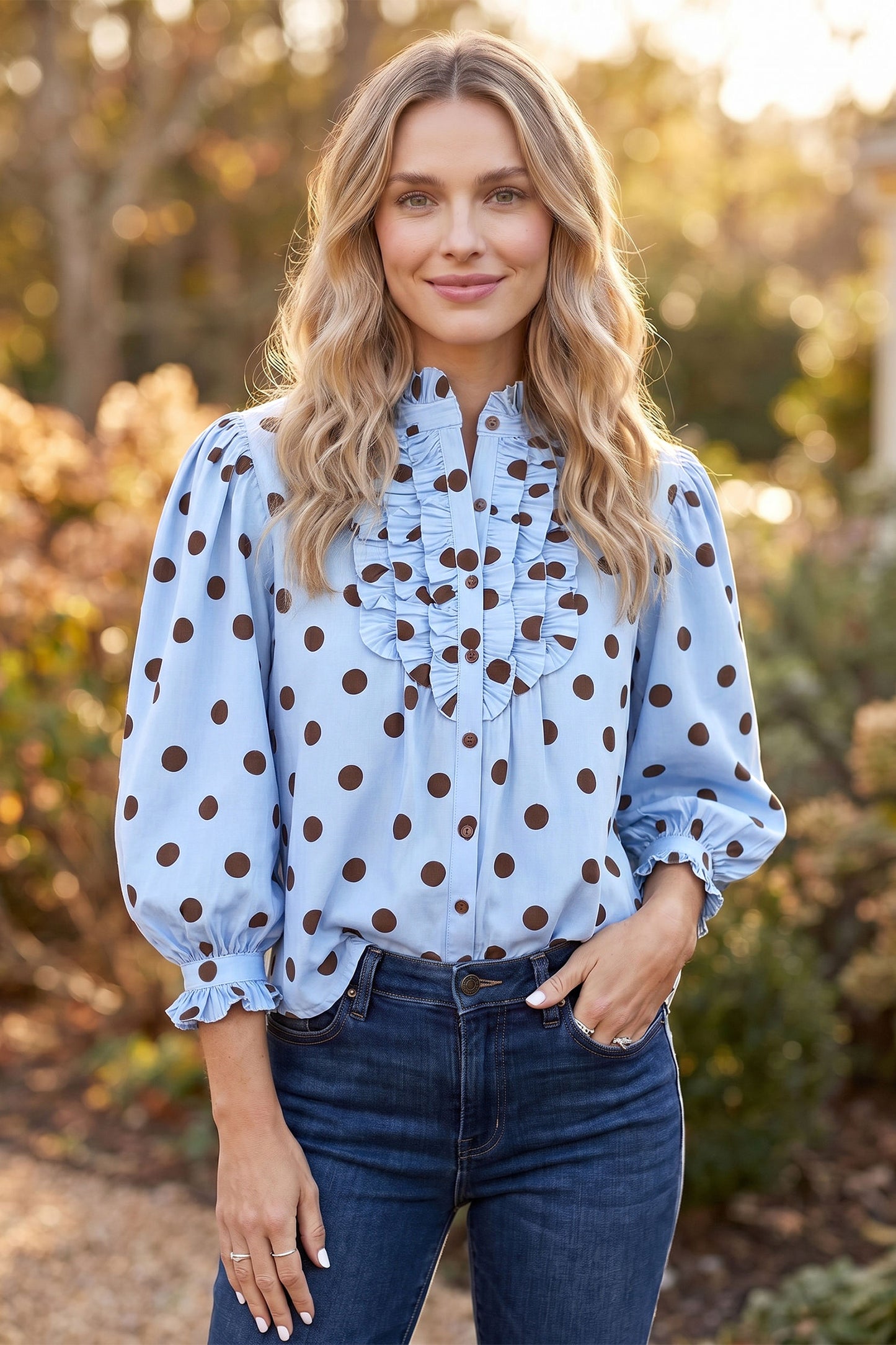 Black white Polka Dot Striped Print Ruffle Stand Neck 3/4 Sleeve Shift Shirt