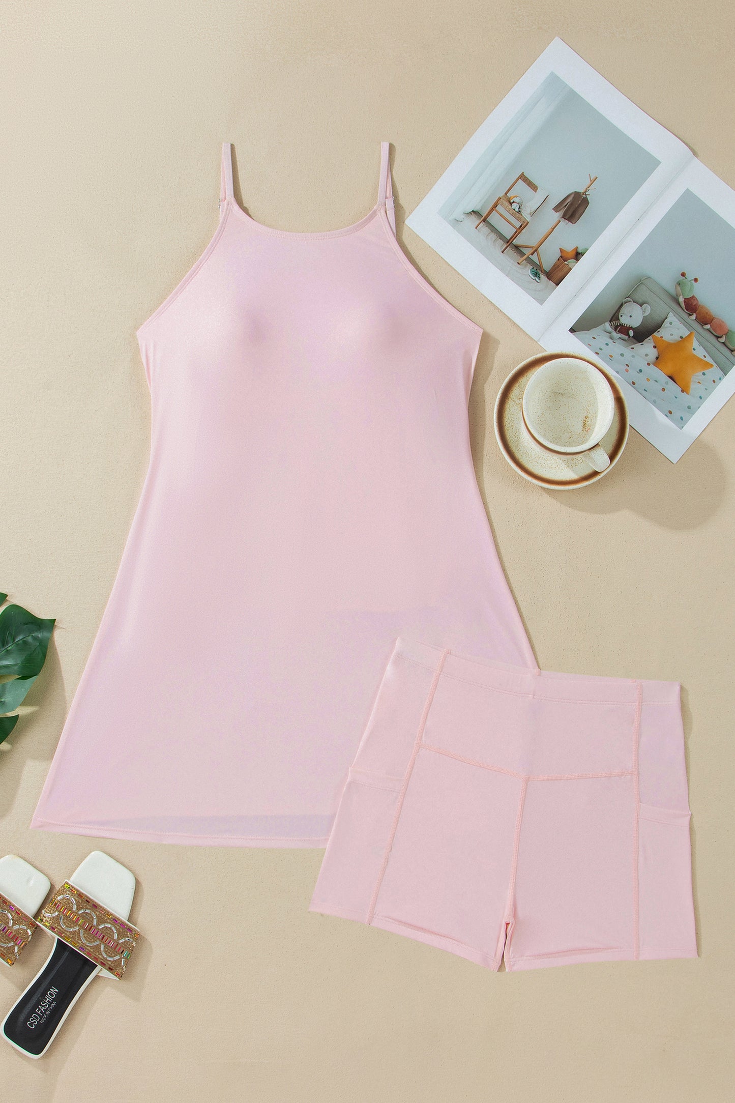 Pink Solid Color Tunic Tank Dress Athletic Shorts Two Piece Set