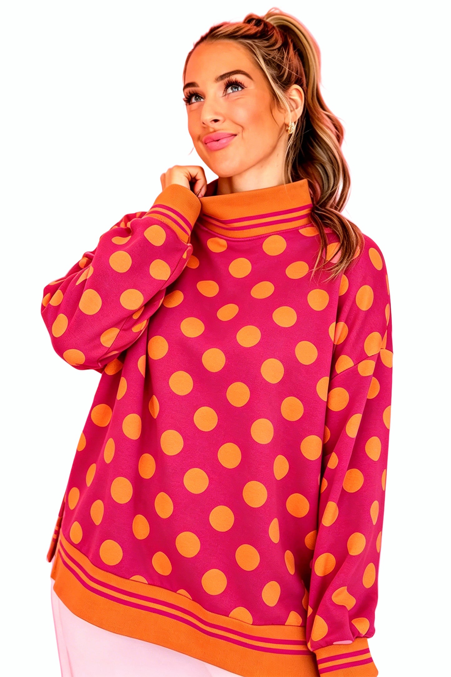 Pink Polka Dot Striped Trim Mock Neck Sweatshirt