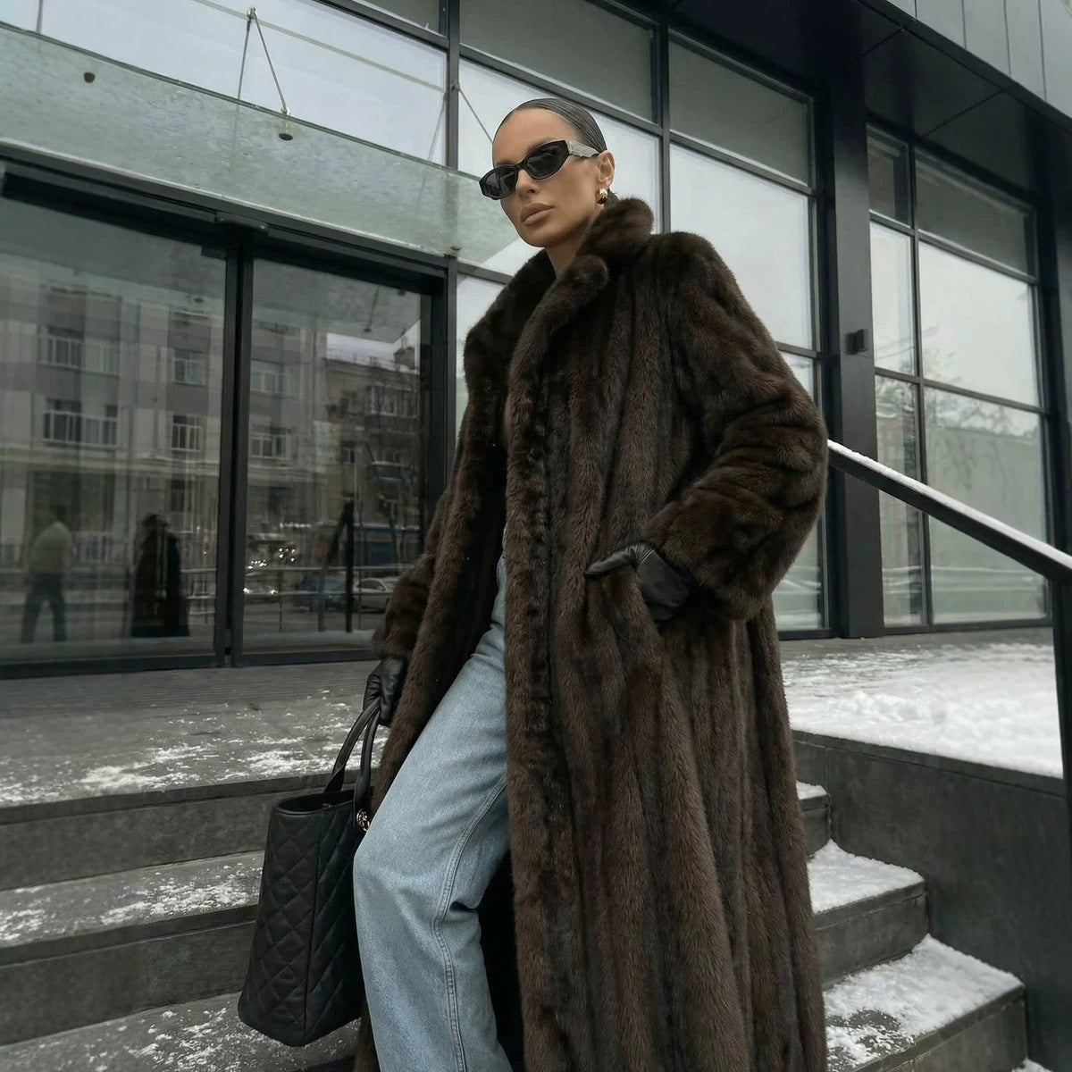 long brown faux mink fur coat artificial fur