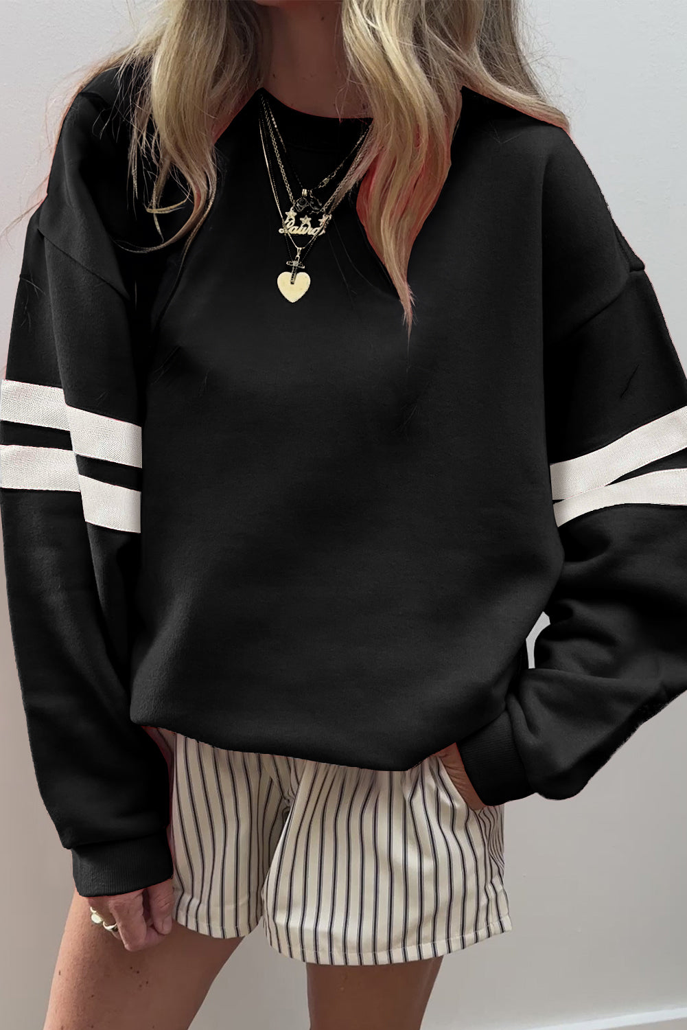 Navy Blue Preppy Striped Sleeve Loose Sweatshirt