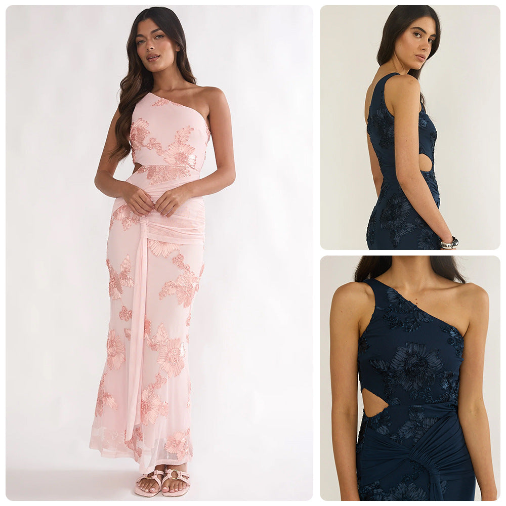 single-shoulder flower-embroidered dress with a pleated waistline