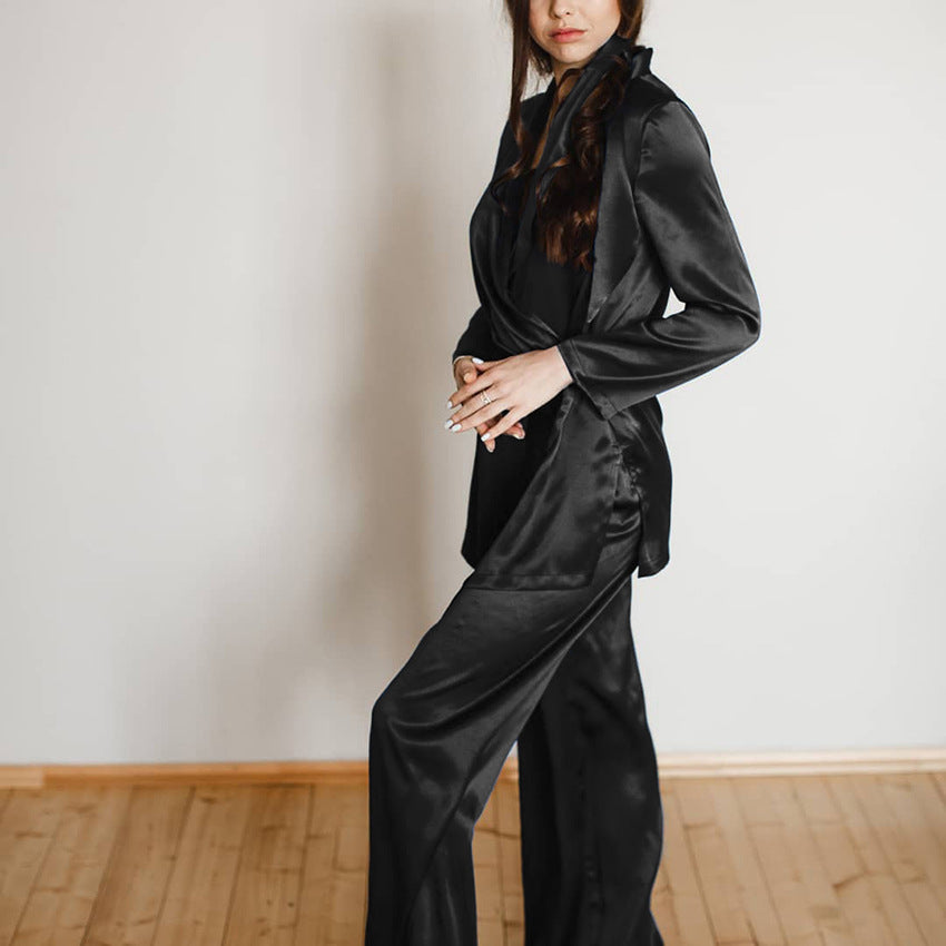 imitation silk cardigan blouse trousers pajamas set