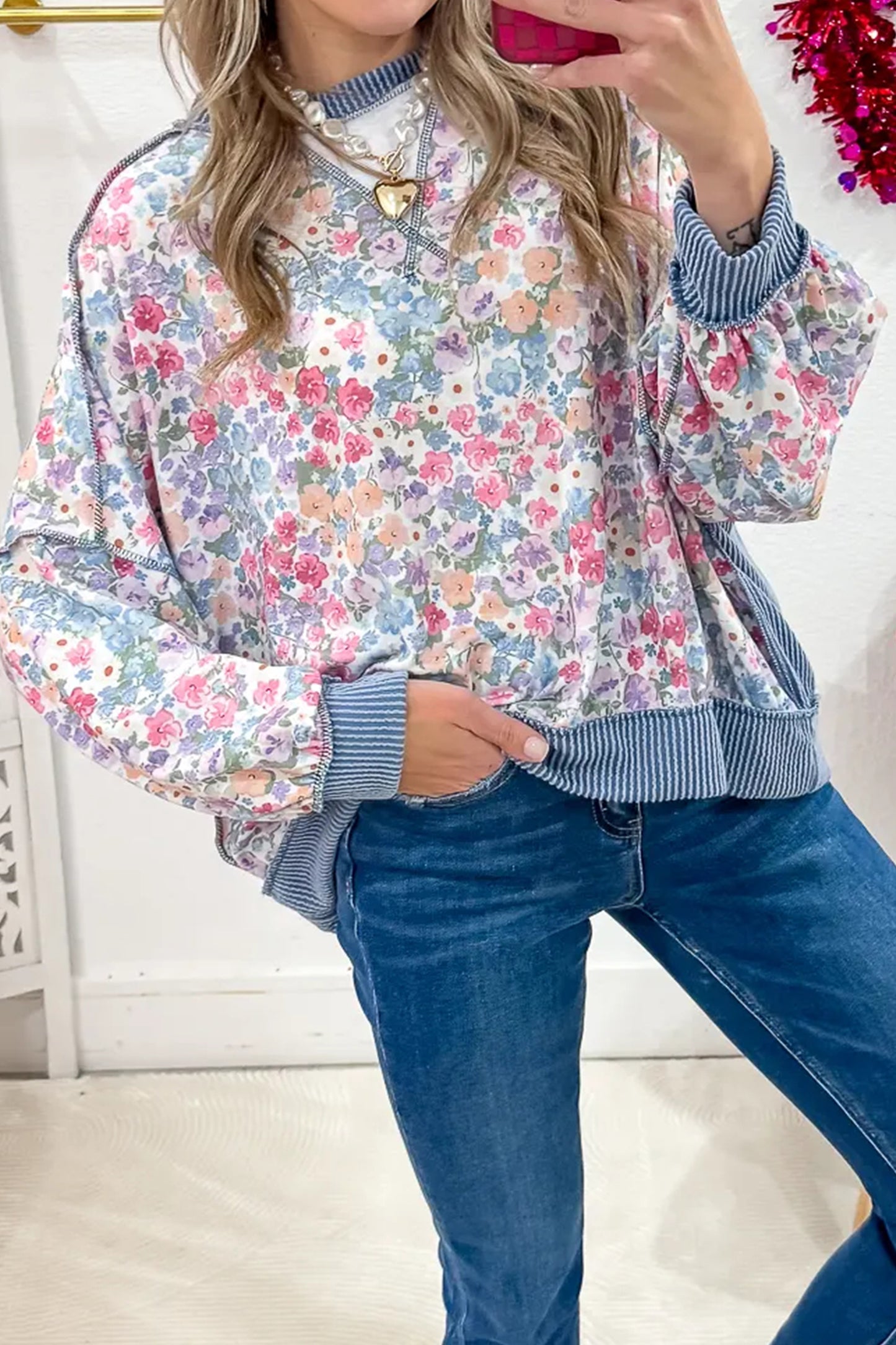 Multicolour Floral Print Twisted Ribbed Detail Long Sleeve Top