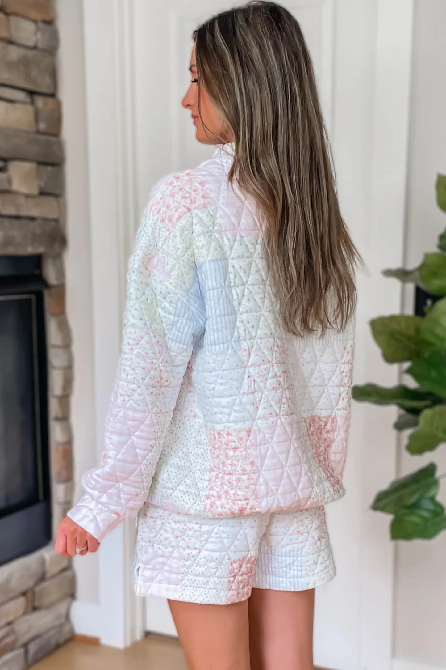 Multicolour Floral Quilted Long Sleeve Two Piece Set Casual Pantsuit