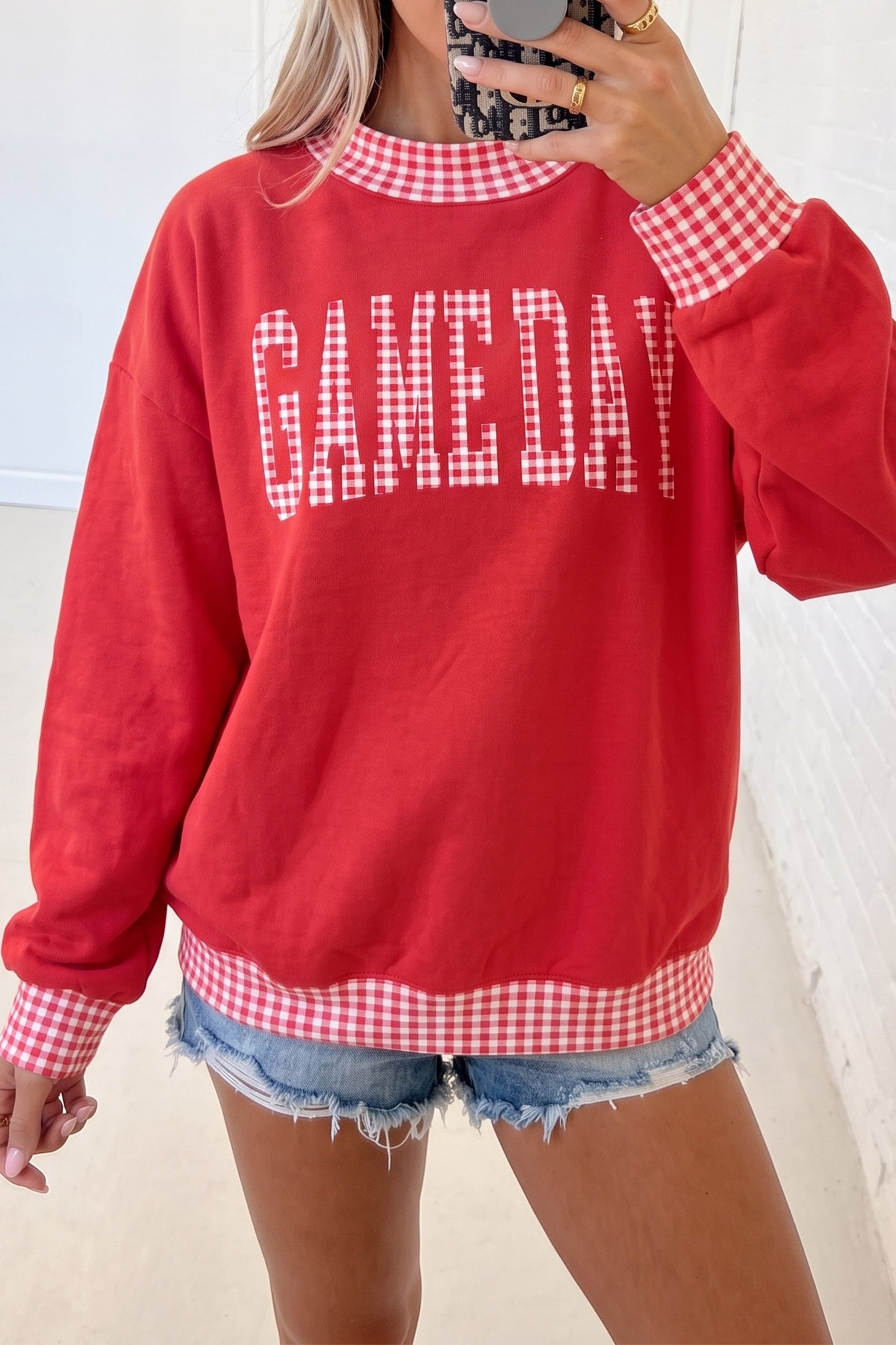 Fiery Red Gingham Plaid Letter Print Tunic Pullover Sweatshirt