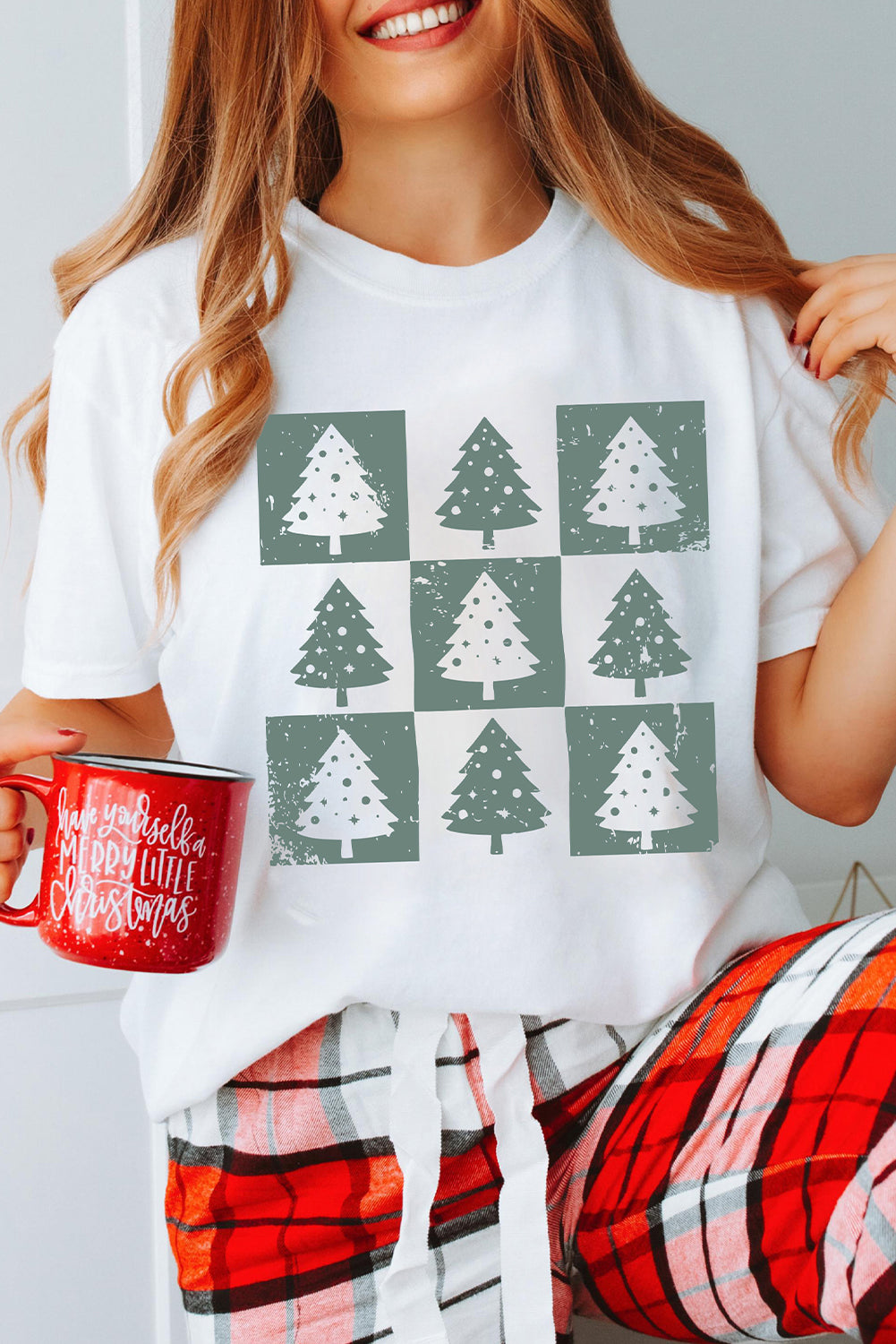 White Christmas Tree Checkered Distressed Graphic Tee