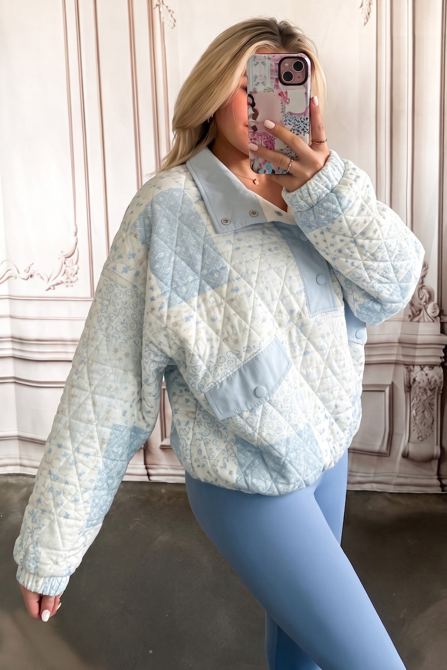 Multicolour Floral Quilted Half Button Pocketed Pullover Sweatshirt