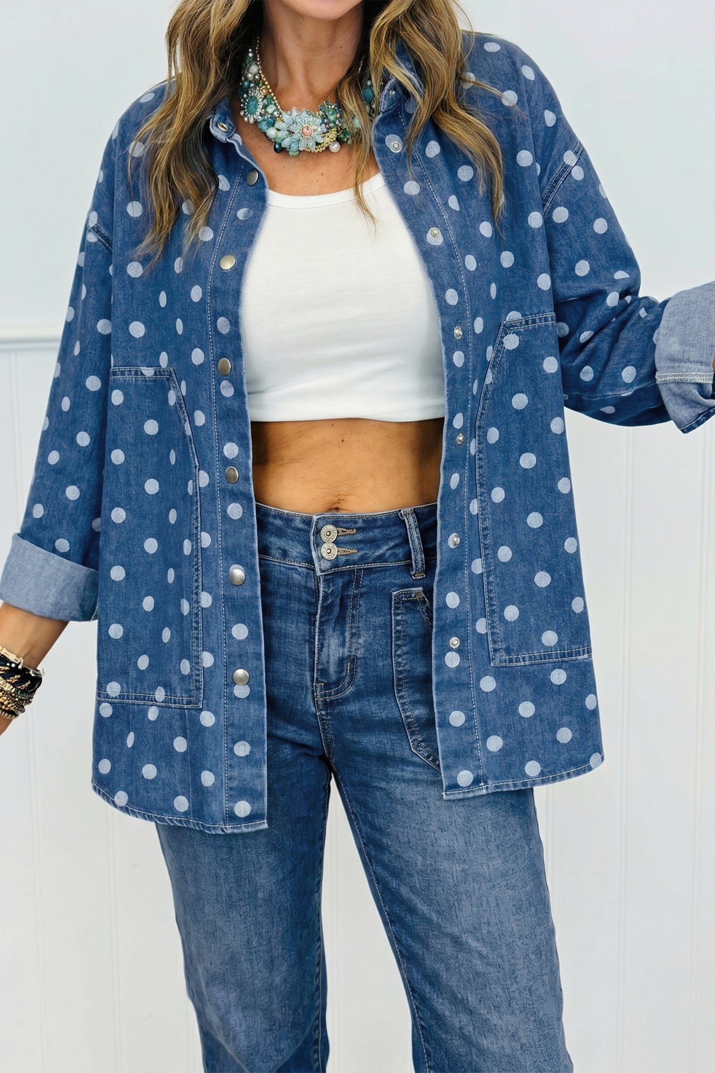 Blue Polka Dot Long Sleeve Collar Shift Tunic Denim Jacket