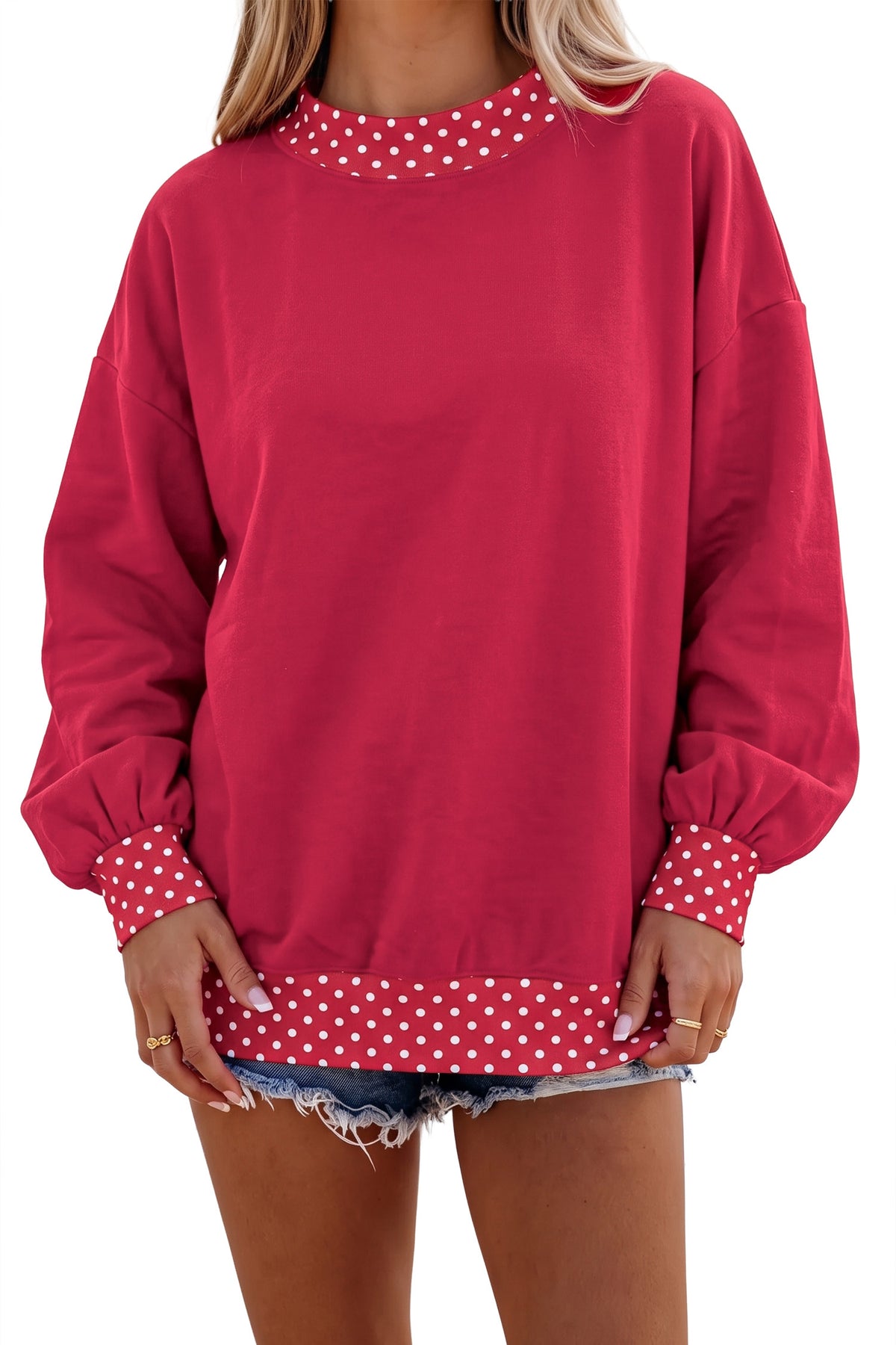 Tillandsia Purple Colorblock Polka Dot Contrast Trim Oversized Sweatshirt