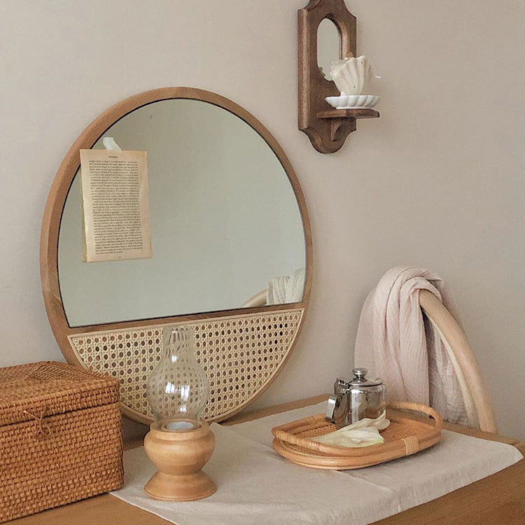 Solid wood rattan woven round mirror